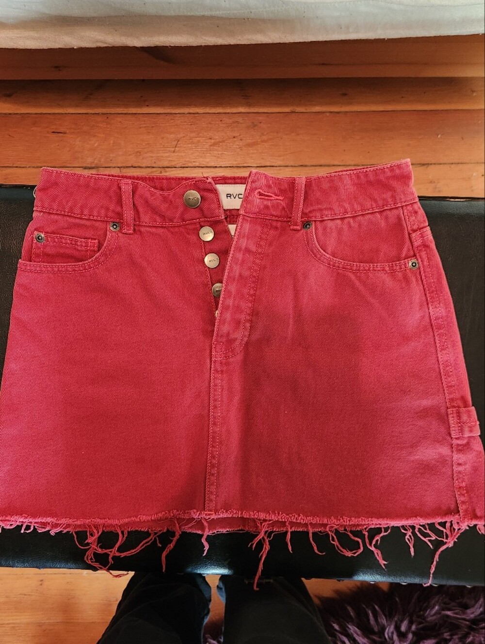 RVCA Pink-Red Frayed Hem Denim Skirt